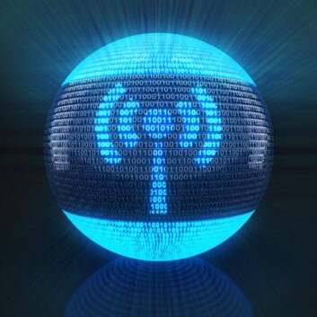 Abstract image of a globe with zeroes and ones on the surface, some of which form the shape of an antenna emitting signals