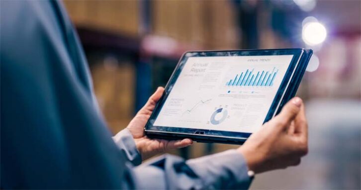 Tablet, hands and inventory management at warehouse, data analysis with supplier and person in logistics. Distribution, product inspection and analytics with digital information, storage and closeup