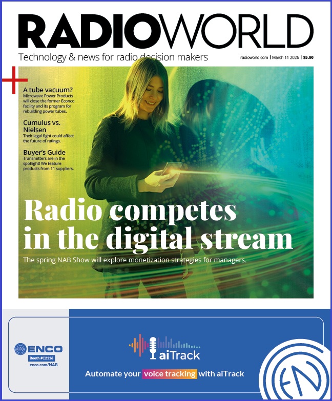 Cover of Radio World with an image of a woman looking at her smartphone