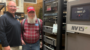 Brian Lundquist, left, and Chief Engineer Don Brintnall in a room loaded with Nautel transmitters.