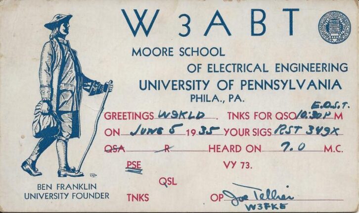 A QSL card for the University of Pennsylvania Amateur Radio Club station W3ABT circa 1935, digitized as part of the Digital Library of Amateur Radio Communications.