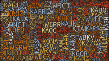 A word cloud of approximately 13,220 U.S. FM station callsigns, scaled for ERP and market size. From the RadioLand app project.