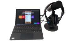The typical SoftCodec setup used by New York Public Radio remote contributors. It includes a Windows tablet with customized software panel, ALCO Professional SoftCodec, a professional USB microphone and headphones.
