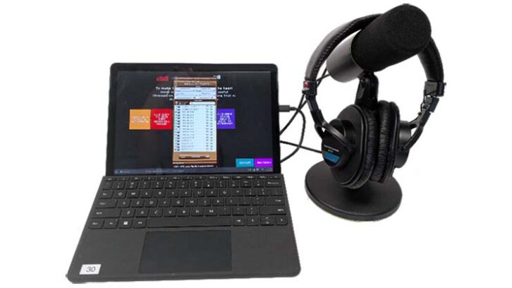 The typical SoftCodec setup used by New York Public Radio remote contributors. It includes a Windows tablet with customized software panel, ALCO Professional SoftCodec, a professional USB microphone and headphones.