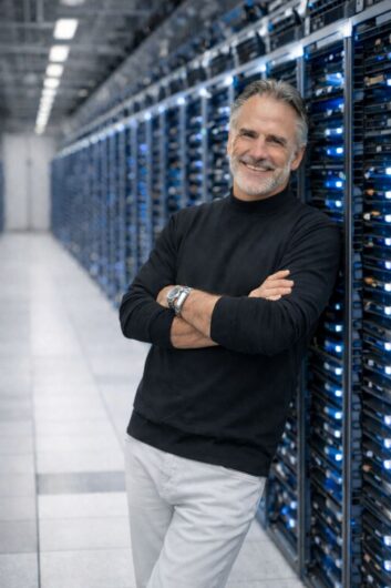 Adrian Berkovits smiles and poses by leaning against an equipment rack in a server room