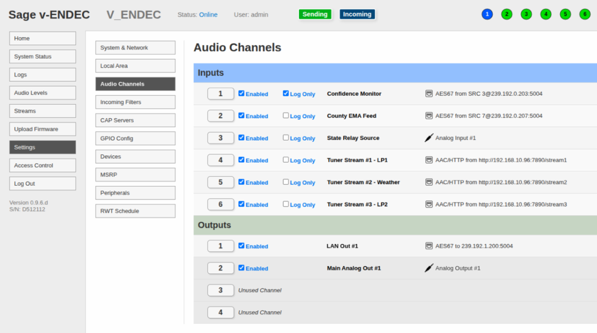 Screenshot of the Sage v-ENDEC Audio Channels Panel.