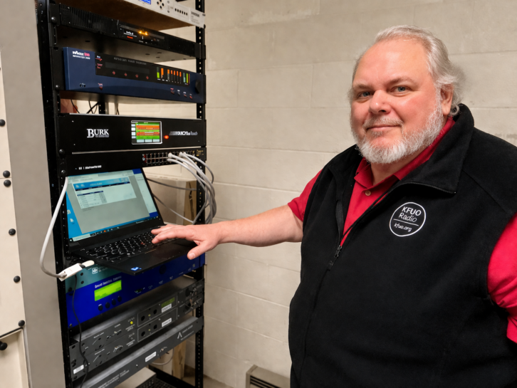 KFUO Executive Director Gary Duncan powers up the newly acquired KXFN after its purchase by LCMS.