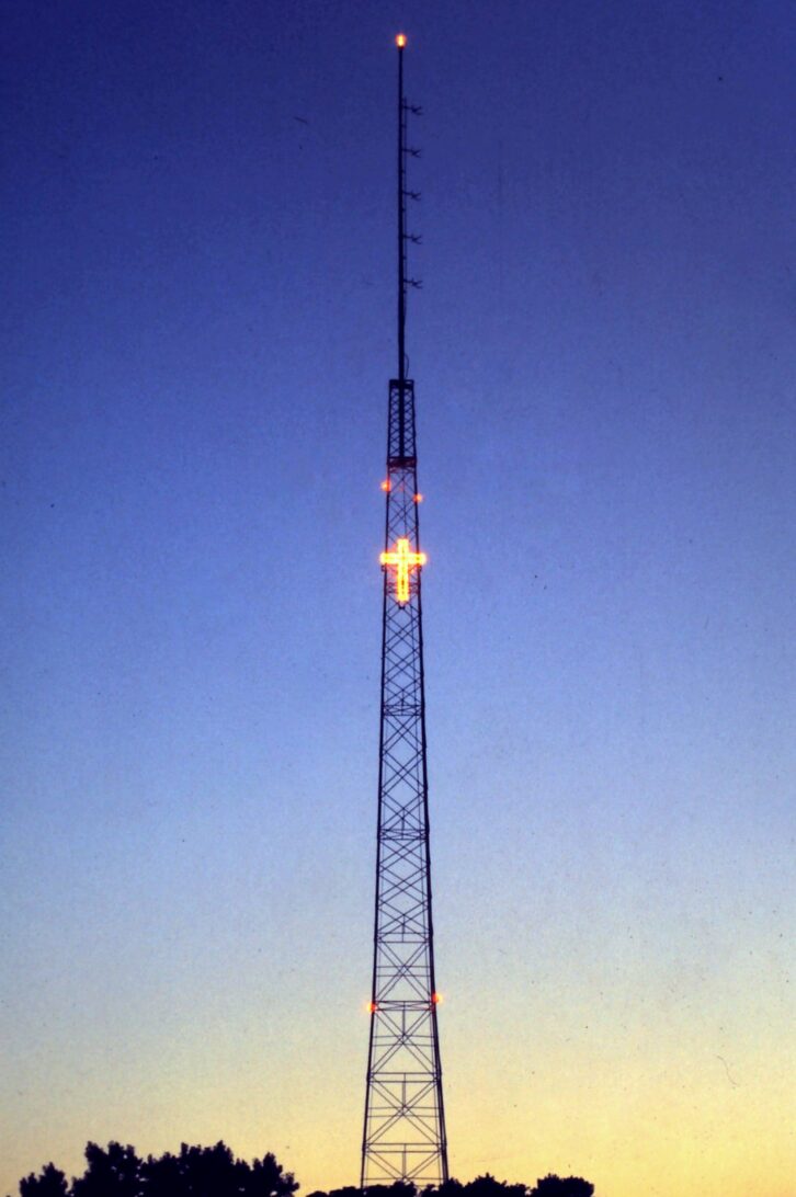 The KFUO radio tower at Concordia Seminary in Clayton, Mo., pictured circa 1950, shortly after its construction in 1948. The iconic tower, known for its illuminated cross, stood as a local landmark and the station's broadcast home for nearly 80 years before its recent demolition.