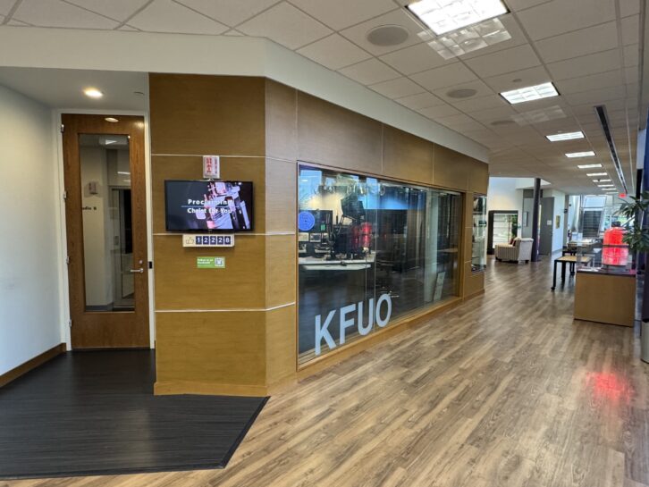 The glass-enclosed KFUO broadcast studio, located inside the LCMS International Center in Kirkwood, Mo.