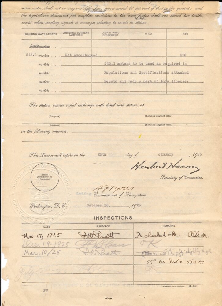 An early KFUO broadcast license from 1925, signed by then-Secretary of Commerce Herbert Hoover.