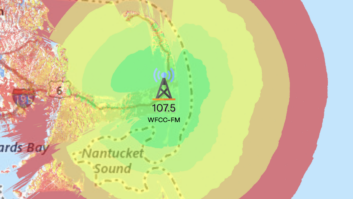WFCC(FM)'s coverage area, from the RadioLand app.