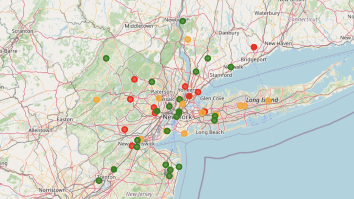 The map plots the locations of each of the stations predicted by our linear regression model. A green dot means the model underpredicted the station versus Longley-Rice. A red dot means the model overpredicted it. 