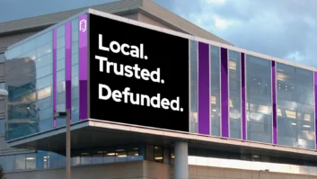 Many NCE stations are part of the public media ecosystem, which is undergoing unprecedented disruption to its funding model. Boston’s GBH posted this image of a modified billboard in front of its building last year. Credit: GBH