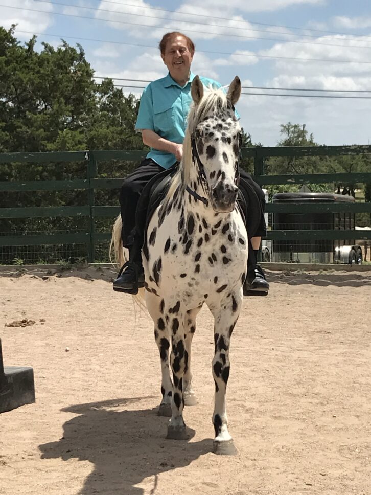 Riding my friend’s horse Jake while he was visiting me in Austin, TX, 2019 (he’s 83 here)