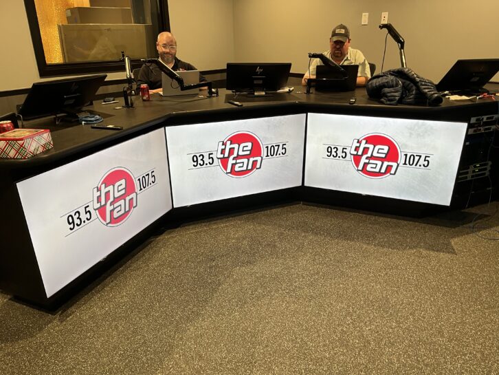 The Eleventh Hour. Radio One’s Nick Lopez and John Takach make final preparations in The Fan’s studio for moving day.