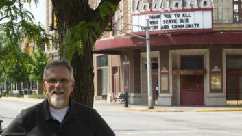 Steve Cannon in front of the historic Indiana Theater in Terre Haute, Ind.