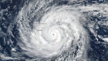 Super Typhoon Sinlaku spins over the North Pacific Ocean in this image acquired on April 13, 2026, with the VIIRS (Visible Infrared Imaging Radiometer Suite) on the Suomi NPP satellite.