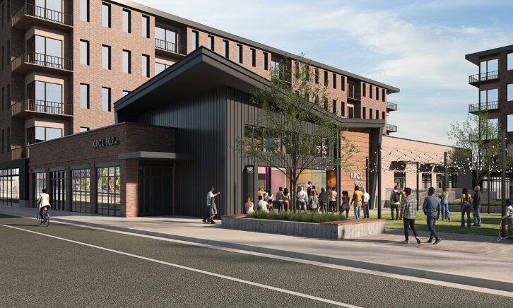 A rendering of KRCL’s new facility in the Guadalupe neighborhood, featuring a modern street-level studio, outdoor community plaza and integrated performance space.