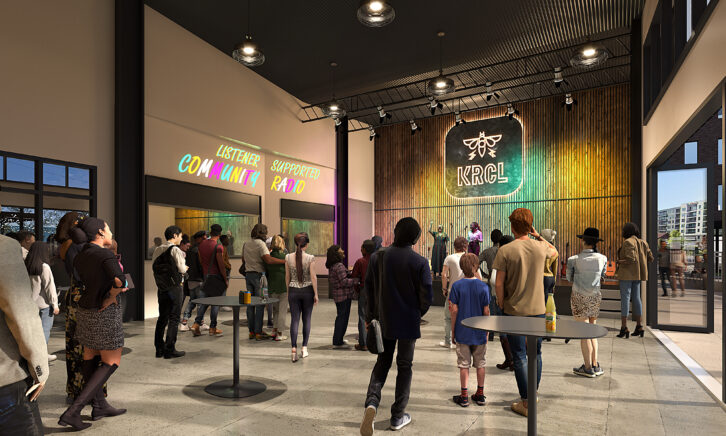 A rendering of KRCL’s new 200-seat performance hall, designed as a versatile community space for live music, public broadcasts and private events.