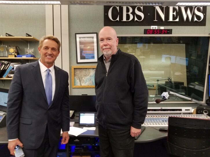 Former Senator Jeff Flake with Kathan in the CBS News Radio newsroom in 2019. Credit: Facebook