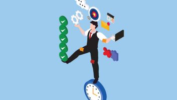 businessman balancing on a clock, multitasking and managing different business elements 3d isometric vector illustration