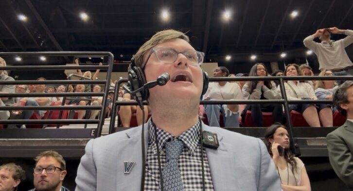 David Szczepanski broadcasts Villanova men's basketball at Viejas Arena in San Diego this past March.