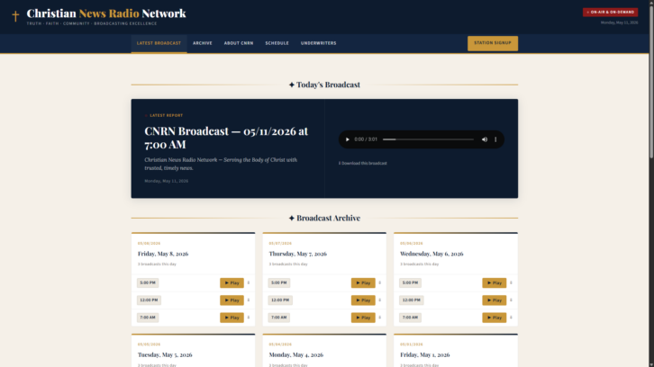 The broadcast archive at the Christian News Radio Network website. Click to enlarge.