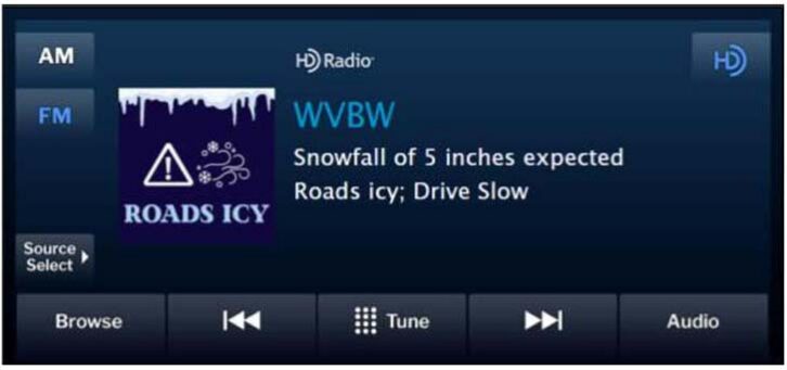 A weather alert using Quu, as seen on an HD Radio receiver.