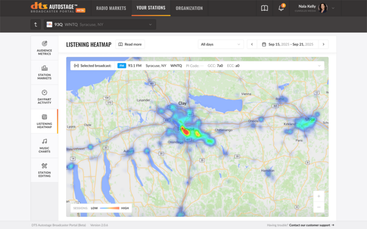 DTS AutoStage Broadcaster Portal Listening Heatmap of verified over-the-air consumption.