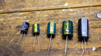 Examples of radial electrolytic capacitors. From left to right: 10, 22, 33, 47 and 100mf.