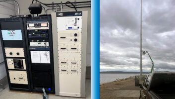 Left: The new BE AM-6A Transmitter. Right: KKMO's antenna on the Puget Sound.