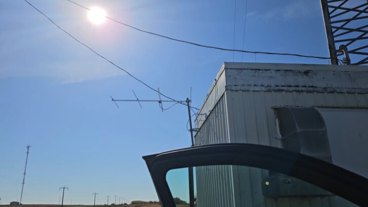 Auke Dejong's four-element antenna at the CKLQ and CKLF transmitter site in Minnedosa, Manitoba.
