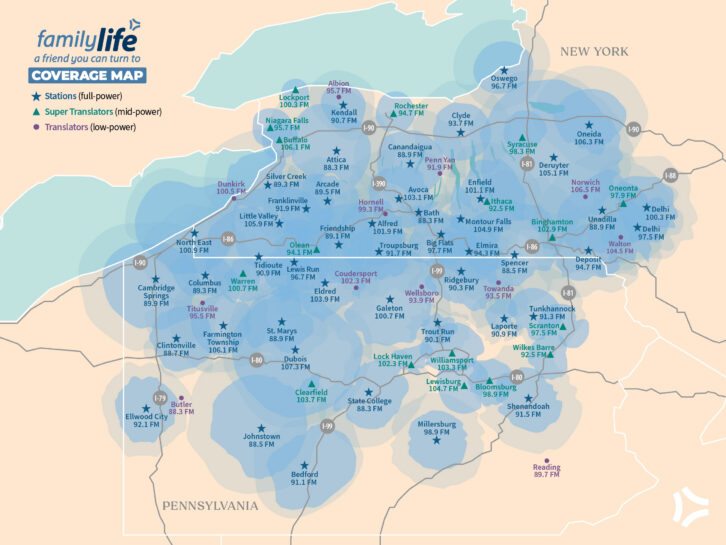 Family Life's network coverage map across New York State and Pennsylvania.