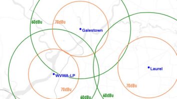 A hypothetical concept, where under the diversity point rule in the public notice, neither translator could claim diversity points because the green 60 dBu contours overlap. Credit: REC Networks