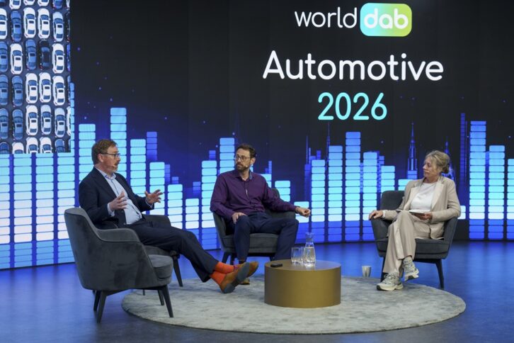Nick Piggott, Gregor Pötzsch and Jacqueline Bierhorst sit onstage at the WorldDAB Automotive 2026 closing session.