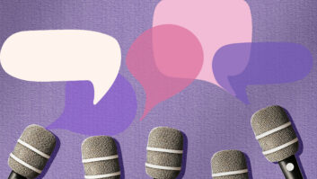 illustration of five vintage studio microphones along the bottom, set against a light purple textured background.
