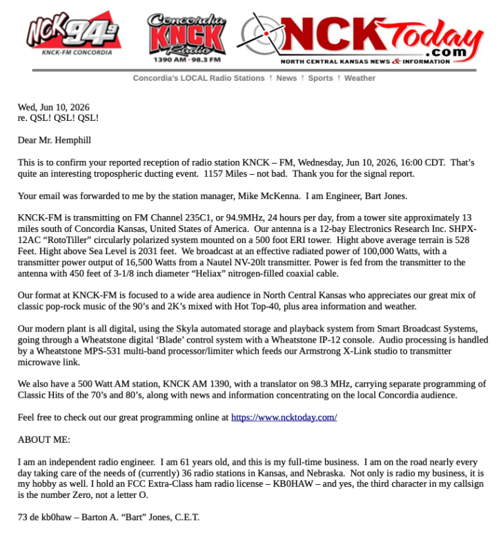 Steve Hemphill's QSL card