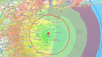 The 106.3 WKMK(FM) Longley-Rice projected area and FCC projected contours, from the RadioLand app. The former location of the W292FV(FM) translator is shown at the top.