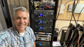 The author at a combined booster site in the Bay Area. “There are six transmitters and codecs in this rack, and nothing that isn't essential.”