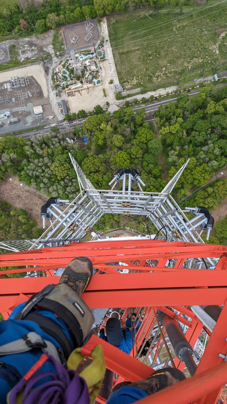 Don’t look down! Rob Ekund’s Train’s Towers performed installation of WRNB’s current antenna on the KYW(TV) tower in 2023. Credit: Courtesy Rob Ekund 