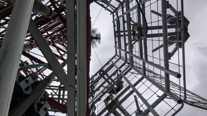 Rob Ekund’s Train’s Towers performed installation of WRNB’s current antenna on the KYW(TV) tower in 2023. Ekund has taken thousands of photos while performing projects on the farm, both day and night. Credit: Courtesy Rob Ekund 