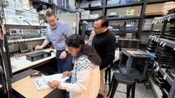 Inovonics CEO Ben Barber facilitates the testing of 541 FM Modulation Monitors for AIR engineers Meenakshi Singhvi and Ravinder Kumar.