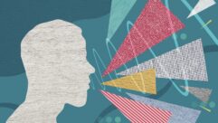 Abstract image of a human head with triangles representing speech coming from it