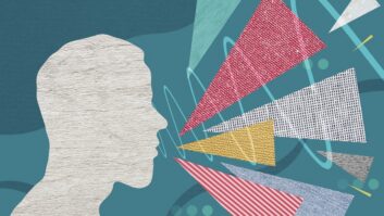 Abstract image of a human head with triangles representing speech coming from it