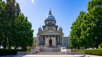 General views of the Illinois State Capitol Building, featuring a statue of Abraham Lincoln at the steps leading to the entrance of the capitol on May 11, 2026 in Springfield, Illinois.