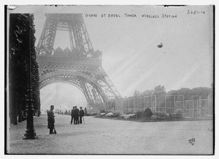 Photograph shows a guard at the Eiffel Tower, in Paris, France during World War I.