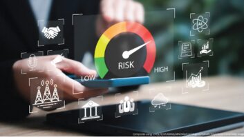 Stylized image of a person's hands working on a phone, with a "risk meter" image superimposed
