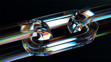 3d iridescent glass spectrum chain with crystal links on abstract black background. Connected rings with bright neon gradient texture, light dispersion. Futuristic digital tech bg. 3D illustration