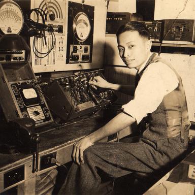 In 1939, Wei operates portable broadcast equipment at WNYC. Credit: Damon Wei