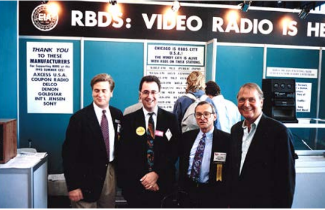 Promoting RBDS at the CES Show in 1993. From left: John Casey, Alan Haber, Jerry LeBow and Dietmar Kopitz. (Source: The RDS Forum)